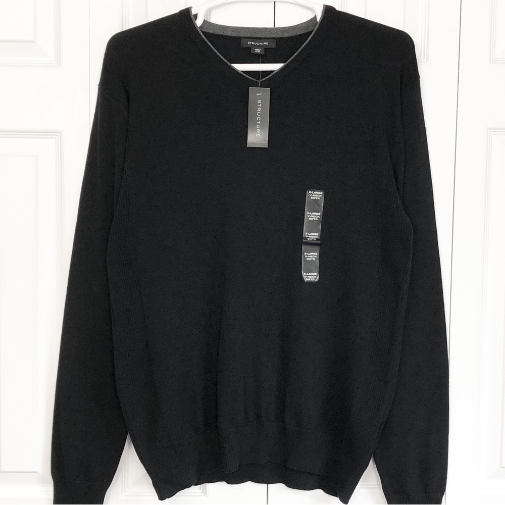 NWT Structure Black & Gray Trim Ribbed Knit V-Neck Sweater XL